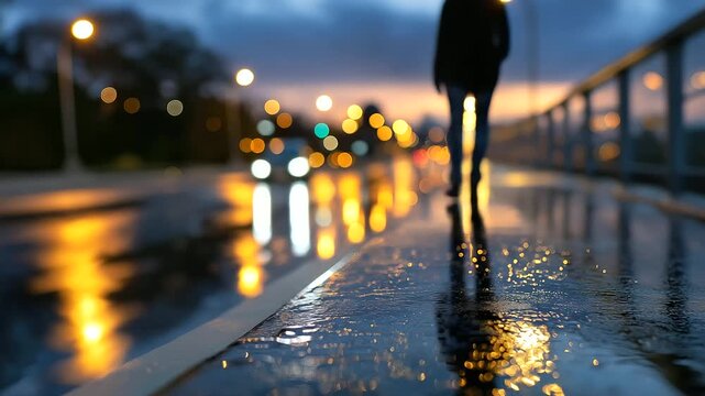 Defocused scene &mdash; city lights creating warm reflection on wet road, faceless silhouette walking forward symbolizing transition into 2026, with copy space.