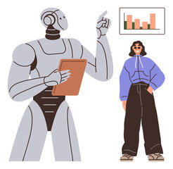 Robot holding a tablet gestures toward a data chart as a person observes. Ideal for technology, innovation, AI interaction, data analysis, future workplace, education, human-robot collaboration