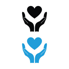 Two stylized icons of hands holding a heart symbol in black and blue