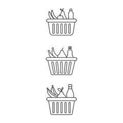 Three simple line art icons of grocery shopping baskets filled with food