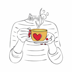 cozy striped turtleneck holding steaming heart-mug on saucer in warm minimal vignette