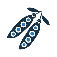 Stylized icon of two dark blue pea pods with blue peas