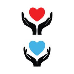 Two pairs of hands holding red and blue hearts symbolizing care and love