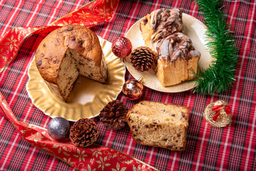 Christmas table, a beautiful Christmas table with chocolate cake and Christmas decorations, selective focus.