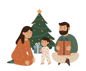 Family sitting by Christmas tree and exchanging gifts. Warm festive illustration in Scandinavian minimalism style. Perfect for holiday cards, family prints, and cozy winter designs.