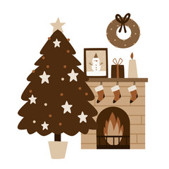 Cozy Christmas scene with decorated tree, fireplace, stockings, wreath and gifts. Scandinavian minimalism style perfect for holiday cards, winter decor, kids prints, and seasonal design projects.