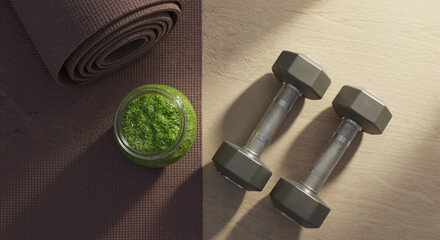 An exercise mat, a healthy drink, and dumbbells for training.