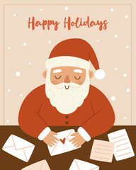Santa Claus writing heartfelt letters at his desk. Gentle Christmas postcard scene in Scandinavian minimalism style. Perfect for greeting cards, festive prints and holiday stationery.