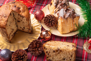 Christmas table, a beautiful Christmas table with chocolate cake and Christmas decorations, selective focus.