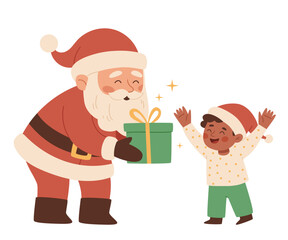 Santa Claus giving a gift to a happy child. Joyful holiday scene in Scandinavian minimalism style. Perfect for Christmas cards, kids illustrations, winter prints and festive packaging.