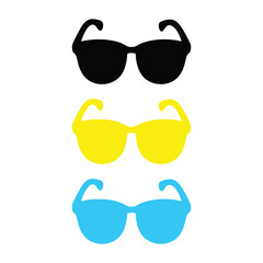 Three pairs of colorful sunglasses arranged vertically on a white background