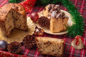 Christmas table, a beautiful Christmas table with chocolate cake and Christmas decorations, selective focus.