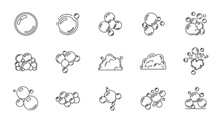 Set of hand-drawn bubble and foam symbols in thin line art style, presented as a vector cartoon illustration on a clean white background, perfect for representing cleanliness, effervescence, and airy