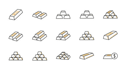 Collection of stylized gold bar icons with editable stroke, presented in isometric perspective on a black background, perfect for infographics, articles, books, flyers, and banners, representing