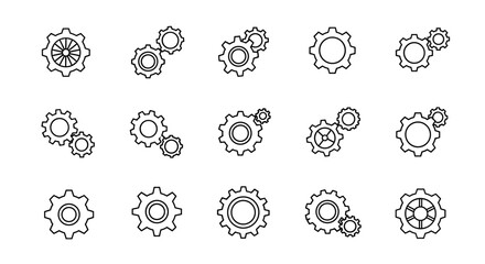Set of outline gear and cogwheel line icons, representing mechanical components and engineering. These versatile vector graphics are perfect for web design, app interfaces, advertisements, and