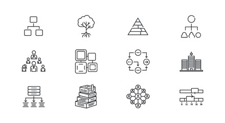 Collection of 12 thin line icons representing hierarchy, organization, and business concepts, suitable for web, apps, and print. Includes organizational charts, team structures, data flow, and