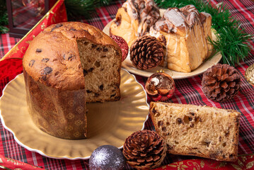 Christmas table, a beautiful Christmas table with chocolate cake and Christmas decorations, selective focus.