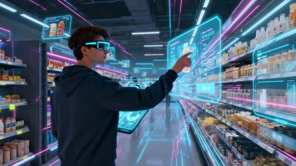 Customer navigates a futuristic supermarket aisle using augmented reality glasses and a transparent tablet. Holographic product displays appear around the shopper. Panning camera movement. - Powered by Adobe