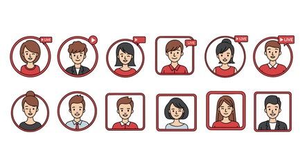Set of diverse cartoon avatars for social media live streaming, featuring men and women in red frames with 'LIVE' indicators, presented as a clean, ordered vector illustration, ideal for online