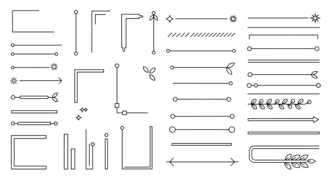Collection of simple line elements and borders for design, including frames, dividers, and decorative accents, presented as a vector flat icon set. This set offers versatile graphic resources for