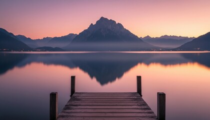 Sunrise over mountain lake with wooden dock