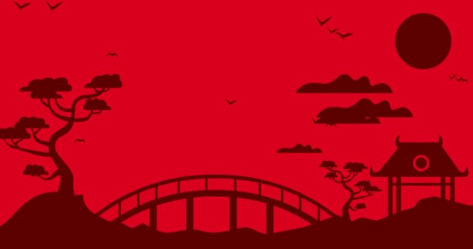 Chinese/Japanese Landscape Cartoon Red Background Video - 4K
