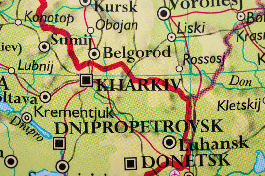 Geographical map detail highlighting Kharkiv and Dnipro Ukraine.