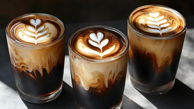 Four different coffee drinks on a counter, demonstrating variety and expert latte art skills.