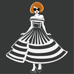 striped flared dress with orange bob and oversized sunglasses on dark field; lookbook art for designer collections and boutique campaigns
