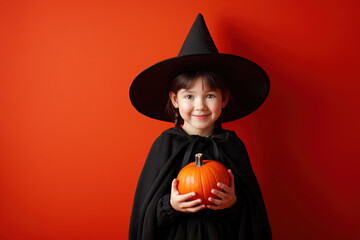 Fototapeta premium halloween costume witch young girl with braids and holding pumpkin wearing a witch hat, orange studio background, photorealistic