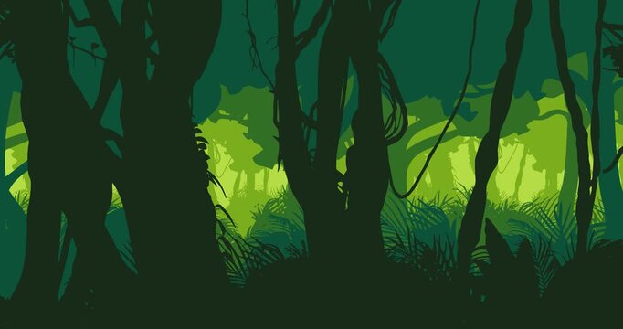 Deep Forest With Greenery Plants & Trees - Animated Foliage Cartoon Landscape Background. Green Jungle Forest, 2D Animation, Flat Footage With Parallax Effect. 4K Looped Animation 