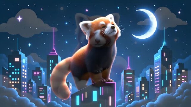 Cartoon red panda perched on tree branch in sunlight forest