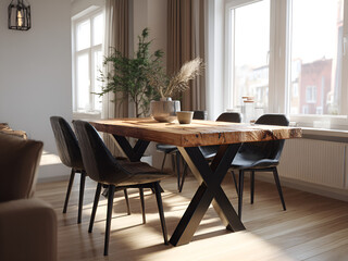 Fototapeta premium Stylish Living Space with Large Windows and Wood Accents 