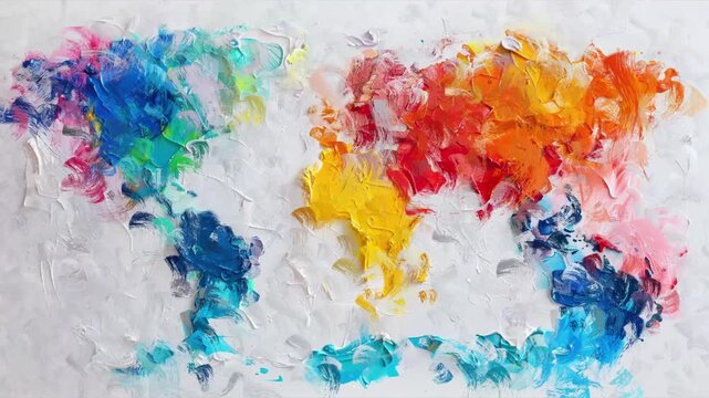 Artistic world map painted with bold, colorful brush strokes on textured white background, conveying abstract, creative energy.