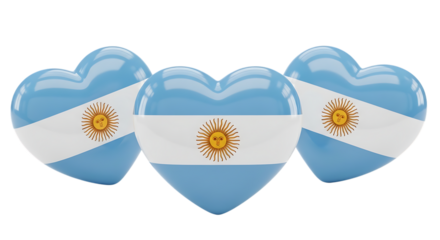 Three Heart Shapes with Argentinian Flag Design on Black Background Argentina love isolated on a transparent background