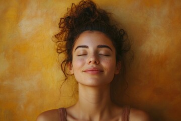 Peaceful young woman meditating with gentle smile