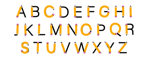 Creative alphabet made of pencils, perfect for back to school designs. Colorful letters ideal for classroom decor, kids' projects, educational posters and stationery