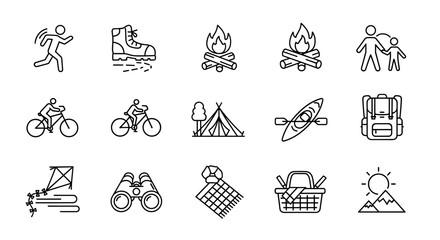 Vivid line icons set representing diverse outdoor activities and recreation, including running, hiking, cycling, camping, kayaking, and family outings, perfect for fitness and lifestyle themes. These
