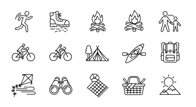 Vivid line icons set representing diverse outdoor activities and recreation, including running, hiking, cycling, camping, kayaking, and family outings, perfect for fitness and lifestyle themes. These