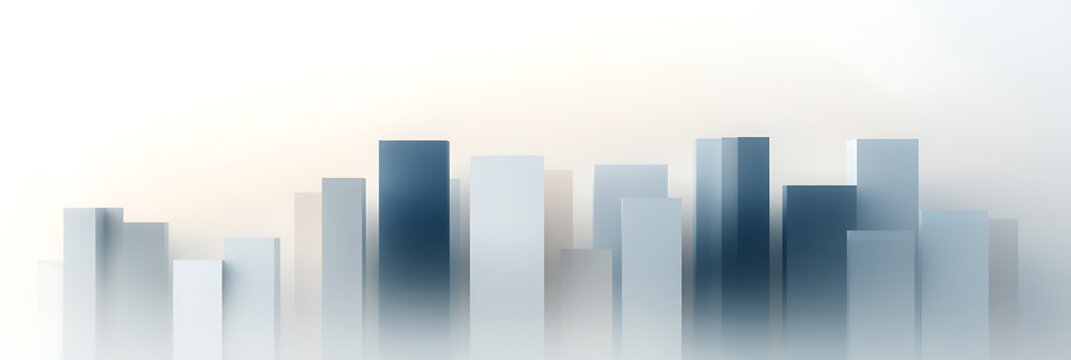 A serene abstract display, featuring geometric forms in tranquil blues and whites. The arrangement suggests a minimalist cityscape, rendered with smooth gradients and ethereal light.