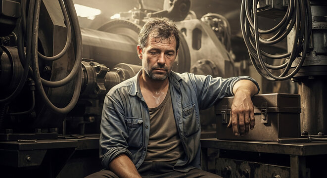 weary factory worker in industrial workshop