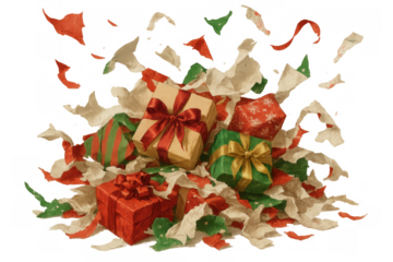 Christmas holiday gift box assortment and unwrapped paper confetti flying, representing celebration and festive joy