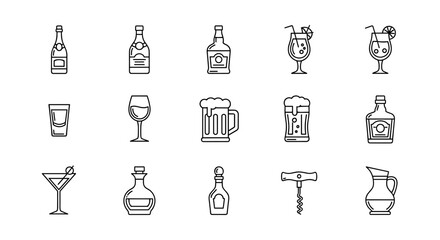 Collection of Simple Alcohol-Related Vector Line Icons: Champagne, Whisky, Cocktail, Shots, Beer Mugs, Wine Glasses, and More. Editable Stroke, Pixel Perfect Icons for Various Design Applications