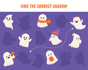 Find correct shadow of cute ghosts. Educational logical game for kids. Halloween game. Cartoon ghost in flat style. 
