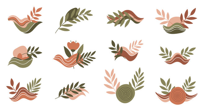 Boho botanical design elements set featuring simple geometric branches, leaves, and abstract wavy shapes in a vintage style, perfect for logos, social media, and branding with a natural, earthy