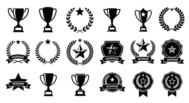 Set of black award winner icons including trophies, laurel wreaths, stars, and nomination badges in flat vector style for certificates and recognition. Collection of graphic elements representing