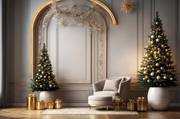 Opulent sitting area with twin Christmas trees and chair