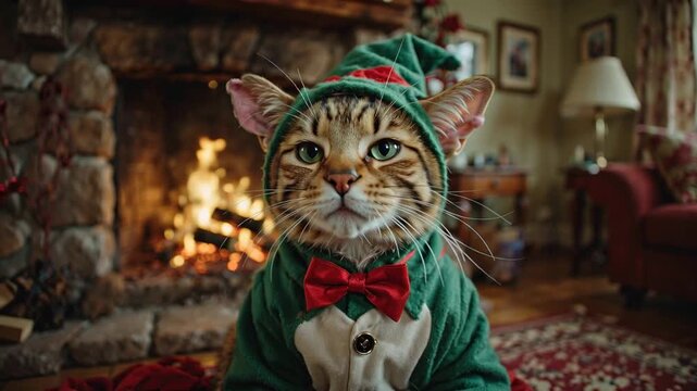 Festive Cat Dressed in Elf Costume by the Cozy Fireplace During Winter Season