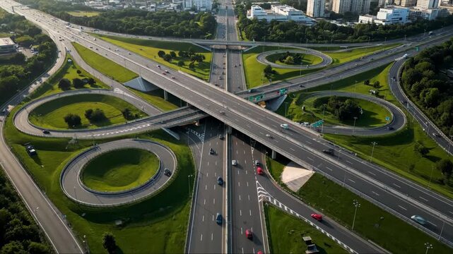 Busy highway interchange with multiple levels of roads and ramps, surrounded by lush green trees and distant city buildings