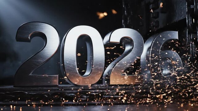 2026 metal numbers, with grinding spark effect and festive glow. New year celebration and industrial new beginning message, 3D animation.